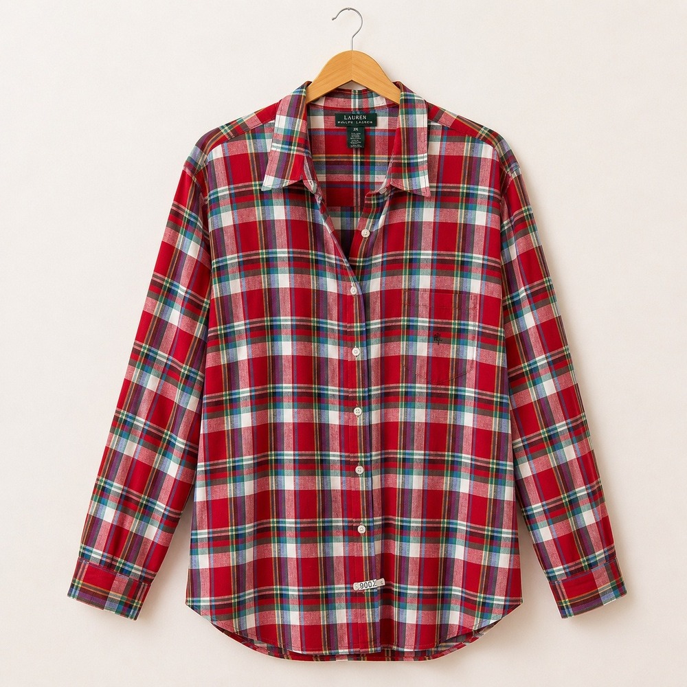 Lauren Ralph Lauren Linen Plaid Shirt Women 3X Colorful Cottagecore Grandmacore
